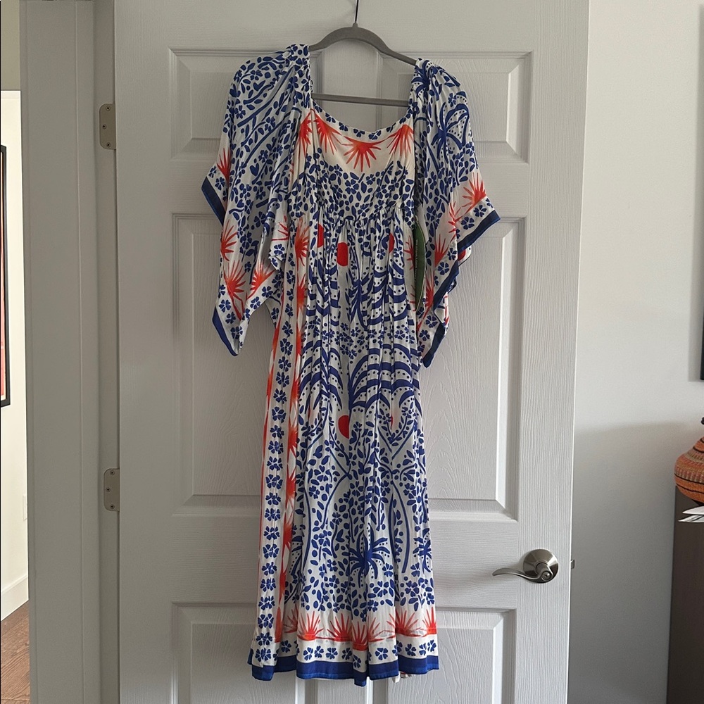 FARM Rio Blue & White Midi Dress with Coral Accents